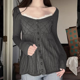 Purpdrank  Autumn Sweet U Neck Long Sleeve Lace Patchwork Slim Waist Single Breasted Knitted Pullover