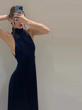 Purpdrank  Women's Evening Dresses Halter Backless Long Dress Autumn Female Velvet Sleeveless Slim Pleat Partywear Chic Ladies Vestido