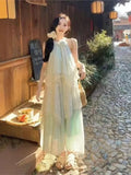Purpdrank  Summer New Vintage Sleeveless Neck Floral Long Dress Women's Elegant Ruffles Lace Dress Korean Fashion Fairy Holiday Party Dress