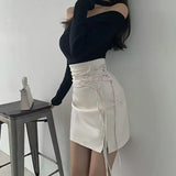Purpdrank   Pu Leather Skirt Female Black High Waist Split Hot Girl Midi Skirts Autumn Winter Slim Streetwear Strappy A-line Sexy Skirt