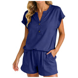Purpdrank  Women Solid Color Two Piece Set V Neck Half Button Short Sleeve Top And High Waist Shorts With Pockets Soft Casual Office Suits