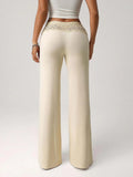 Purpdrank  Women Elastic Waist Lace Slightly Flared Casual Pants Slim-fit Strap Up High Waist Bell-bottom Solid Color Comfort Splice Pants
