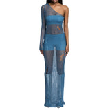 Purpdrank  Women Sexy Y2k One Shoulder Long Sleeve Crochet Knit Long Dress Summer Beach See Through Party Grunge Club Cover Up Outfits