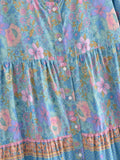 Purpdrank  BOHO V neck Flower Print Single-Breasted Buttons Mini Dress Woman Spliced Ruched Pleated Short Sleeve Loose Robe Holiday