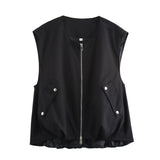 Purpdrank  Fashion Retro Round Neck Casual Solid Color Vest Women's Trend Loose Zipper Coat Sweatshirt Street Joker New