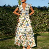 Purpdrank  Tropical Floral Print Season Long Dress Women Sexy V-neck Ruffle Sleeve Holiday Dress Elegant Hight Waist Pleated Party Dresses