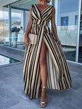 Purpdrank  Fashion Striped Printed Temperament Dress Sexy V-neck Split Hight Waist Slim Long Dress Women's Elegant Sleeveless Party Dresses