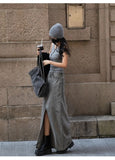Purpdrank  Grey Split Denim Skirt Female 2025 Spring High Waist Slim Casual Fashion Women's Long Skirt