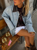 Purpdrank  Autumn Denim Patchwork Jacket Women PU Leather Turn Down Collar Long Sleeve Pockets Coats Female High Street Chic Outerwear