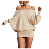Purpdrank  Fashion Off Shoulder Sheer Mini Dress For Women Hot Sexy Long Sleeve Pleated Party Dresses Bodycon Solid Color Short Dress