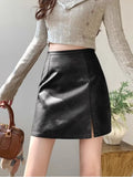 Purpdrank  Black Pu Leather Mini Skirt Women Korean Fashion Casual Vintage Split Bodycon Skirts Female Autumn Winter High Waist Short Saia