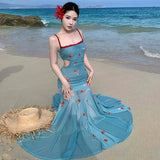 Purpdrank  Nile Garden Beach Vacation Lace Strap Dress for Women Summer Waist Slimming Bodycon Long Dress