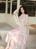 Pink Print French Strap Dress Women Chiffon Elegant Evening Party Midi Dress Female Ruffle Korean Sweet fairy Dress Summer
