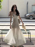 Purpdrank  Pure Desire Style White Lace Patchwork Strap Dress for Women New Summer Super Beautiful Unique Pretty Long Dress
