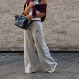 Purpdrank  Gray Vintage Striped Embroidery Women Sweatpants Double Waist American Style Straight Sports Pants Baggy Casual Hip Hop