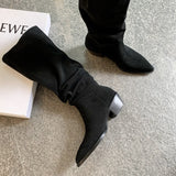Purpdrank - 2023 New Western Women Knee-High Boots Autumn Winter Cow Suede Leather Quality Office Lady Casual Shoes Retro Black Woman Boots
