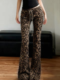 Purpdrank  Fashion New Leopard Print Flare Pants Women's Drawstring Tie Up Waist Slim Long Trousers Hot Girl Streetwear Trendy Pants