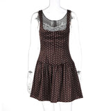 Purpdrank  New Brown Polka Dot Print Lace Spliced Cami Dress Women Summer Sexy Sleeveless Slim High Waist Mini Beach Party Dress