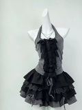 Purpdrank  Japanese Dark Gothic Women 3 Piece Set Halter Lace Patchwork Vest + Mini Skirt + Sweet Crop Cardigan Fashion Female Sexy Outfits
