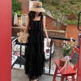 Purpdrank  French Style Chic Summer elegant Solid Sleeveless Slash Neck Flounced edge Patchwork Long Slim Woman Dress