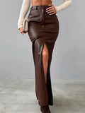 Purpdrank  Sexy Split PU Faux Leather Retro Long Skirts For Women 2025 Spring Fashion Solid High Waisted Office Straight Skirt Female Y2K