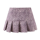 Purpdrank  Y2K Leopard 3 Buttons Low Waist Pleated Mini Skirt American Retro Short Skater Skirts With Shorts lining Pink Coffee