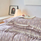 Purpdrank  Vintage French Country Rustic Style Floral Bedding Set 100% Cotton Double Layer Crinkle Yarn Duvet Cover Bed Sheet Pillowcases