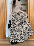 Purpdrank  Korean Leopard Print Pleated Long Skirt Women Elegant Holiday Fairycore Skirts Female High Quality A Line Party Faldas New
