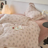 Purpdrank  Vintage French Country Rustic Style Floral Bedding Set 100% Cotton Double Layer Crinkle Yarn Duvet Cover Bed Sheet Pillowcases