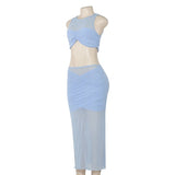 Purpdrank  Summer New Solid Color Sleeveless Mesh Splicing Short Tank Top High Waist Long Dress Women's Set