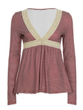 Purpdrank  Autumn Sweet Lace Patchwork V Neck Long Sleeve Slim Striped T-Shirts