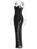 Purpdrank  Sexy Black Sheer Lace Panel Sling Maxi Dress Women's Sleeveless Hollow Out Slim Bodycon Party Gown Formal Prom Night Dress
