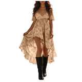 Purpdrank  Women's Retro Western Cowgirl Style Floral Summer Dress V Neck Puff Sleeve High Low Hem Ruffle Flowy Dress Elegant Party Dresses