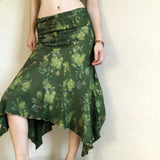 Purpdrank  Vacation Style Retro Green Flower Print Irregular Design Low Waist Long Skirt Casual Skirt