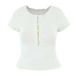 Purpdrank  Women Hollow out Through Buttons Pearl Knitted Short Sleeve Sweater Crop Pullovers Knitwear All Match Knitting Tops Jumper