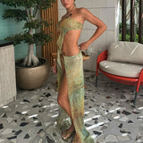 Purpdrank  Beach Dress Women Summer Tie Dye Print Sleeveless Hollow Cut Out Sleeveless Halter Neck Long Dress Club Party Dresses