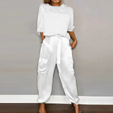 Purpdrank  Women Satin Two Piece Set Half Sleeve Top And Drawstring Waist Jogger Pants With Pockets Casual Office Lady Summer Outfit