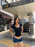 Purpdrank  Low waisted American style two-color slimming, hip hugging, spicy girl, rolled edge jeans, stretch, plus size, ripped hole