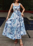 Purpdrank   Summer Women's Tropical Leaf Print Maxi Dress Spaghetti Strap Ruffle Trim Fitted Waist Tiered Flowy Beach Vacation Sundress