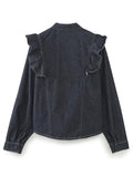 Purpdrank  Fashion Ruffled Denim Shirt Jacket For Women Y2K V-neck Long Sleeve Single Breasted Jeans Blouse Female Chic Street Outerwear