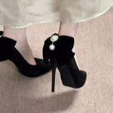 Purpdrank  New Banquet Bow Pointy Temperament Beautiful High Heels Black with Skirt Fashion Light Mouth Single Shoes