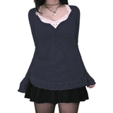 Purpdrank  Y2k Cottage Lace Trim Babydoll T-shirt Autumn Button Up Long Sleeve Pullovers Tops Women Cyber Grunge Loose Fit Blouse Tees