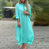 Purpdrank  Long Sleeve Maxi Dresses Women Turn Down Collar Casual Cotton Linen Button Shirt Dress Holiday Long Dresses Robe