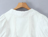 Purpdrank  Stylish White Spliced Lace Short Puff Sleeve Shirt Women Peter Pan Collar Bow Hem Loose Crop Tops