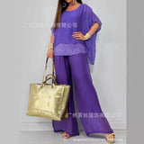 Purpdrank  Luxury High-end Women 2 Pieces Set Summer Chiffon O Neck Short Sleeve Beaded Patchwork Top Wide Leg Pant High Waist Trouser Suit