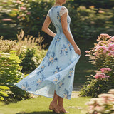 Purpdrank  New Summer Sweet Floral Printed A-Line Dress Elegant Women Lace V-Neck Short Sleeve Long Dress Fashion Fluttering Bohemian Dress