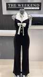 Purpdrank  Sexy Halter Backless Wide Leg Jumpsuit Women Sleeveless Bow Tie Diamonds Button High Waist Romper One Piece Overalls Combinaison