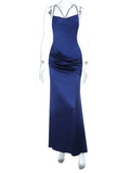 Purpdrank  Elegant Satin Slip Maxi Dress for Women Solid Sexy Sleeveless Criss-cross Backless Ruched Slim Bodycon Evening Party Gown