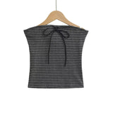 Purpdrank  Sexy Contrast color Striped Strapless Rib Knitted Bow Tank Top Women Skinny Crop Top Stretch Camisole 4 colors oatmeal gray