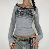 Purpdrank  Spring Grey Women's T-shirt V-Neck Long Sleeves Letter Print Crop Top Casual Fashion T Shirt Female Streetwear Sexy Cropped Tops